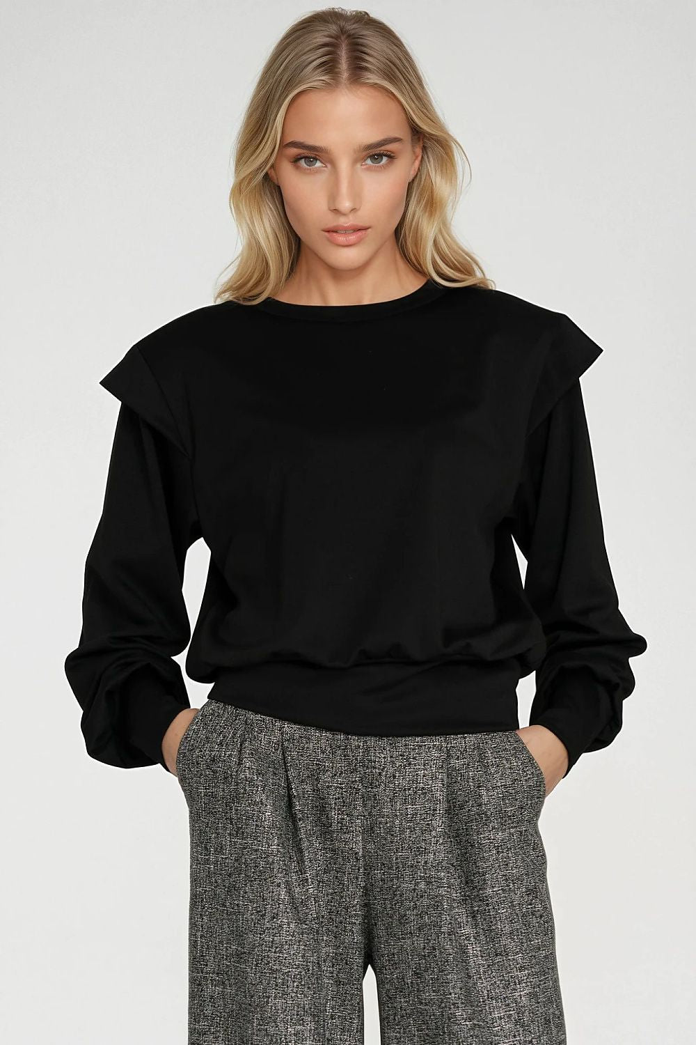 Black shoulder-padded sweatshirt — front view