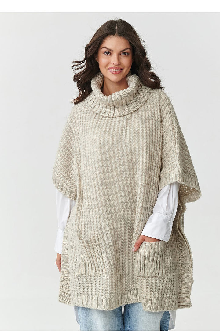 Oversized Beige Roll Neck Poncho Sweater