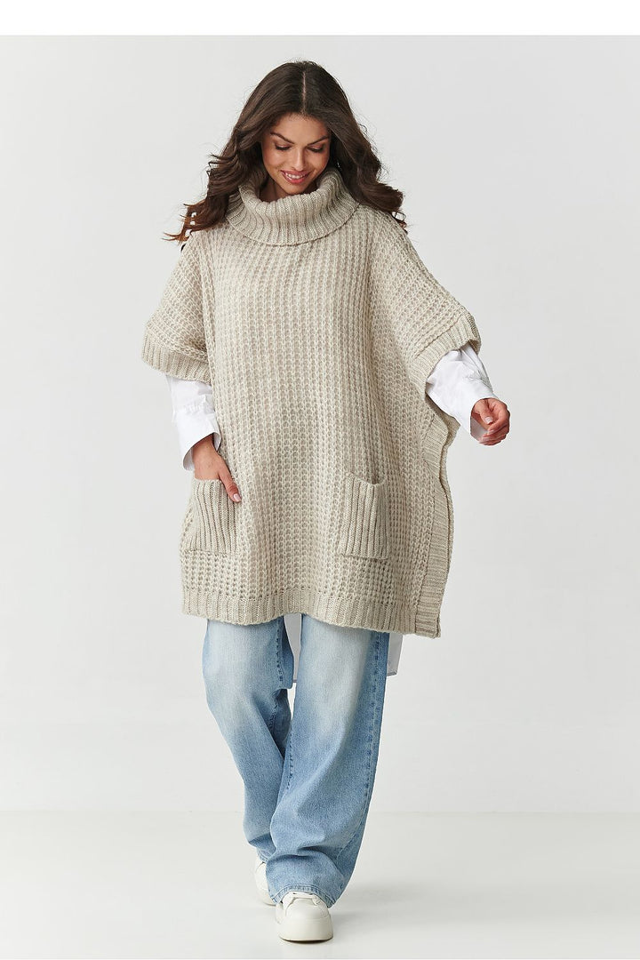 Oversized Beige Roll Neck Poncho Sweater