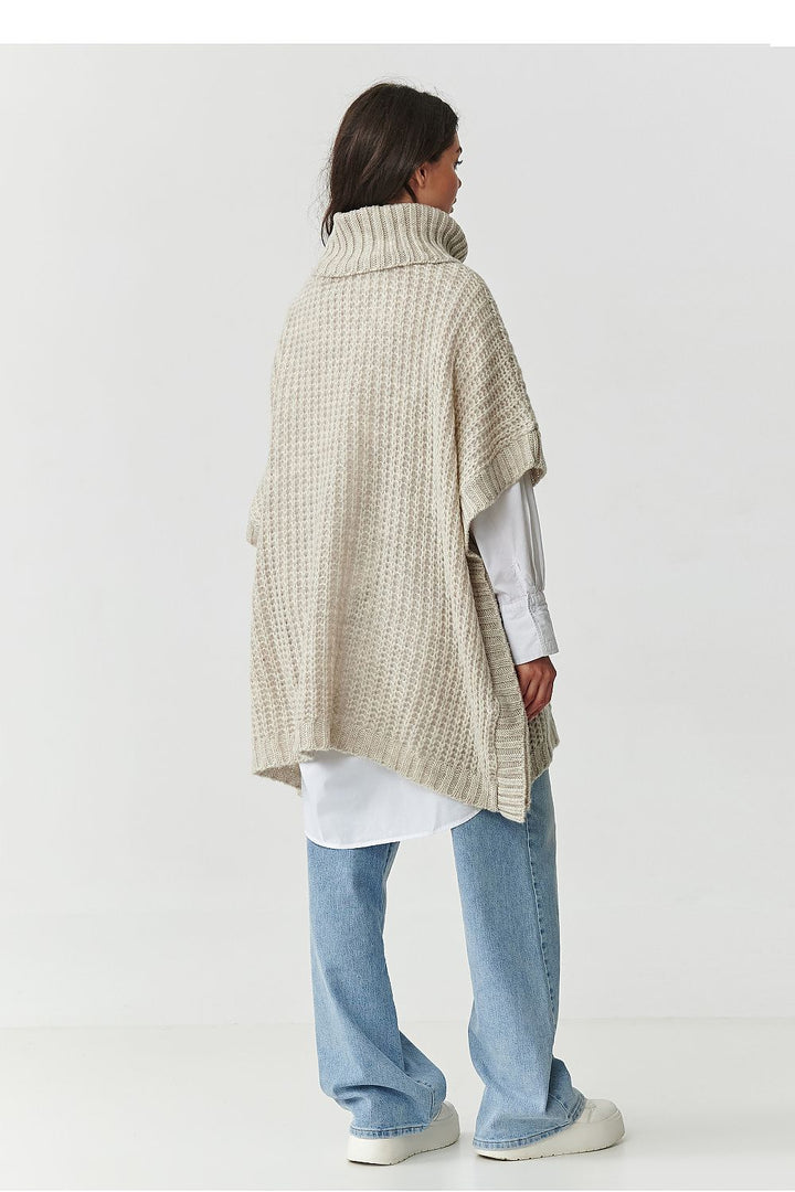 Oversized Beige Roll Neck Poncho Sweater