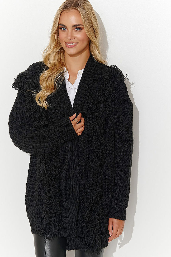 Black Tassle Trim Open Cardigan