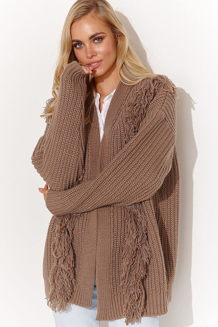 Brown Tassle Trim Open Cardigan