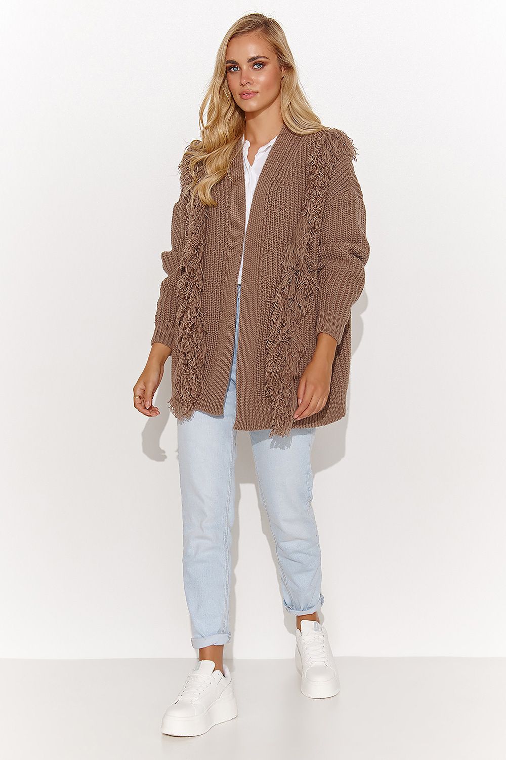 Brown Tassle Trim Open Cardigan